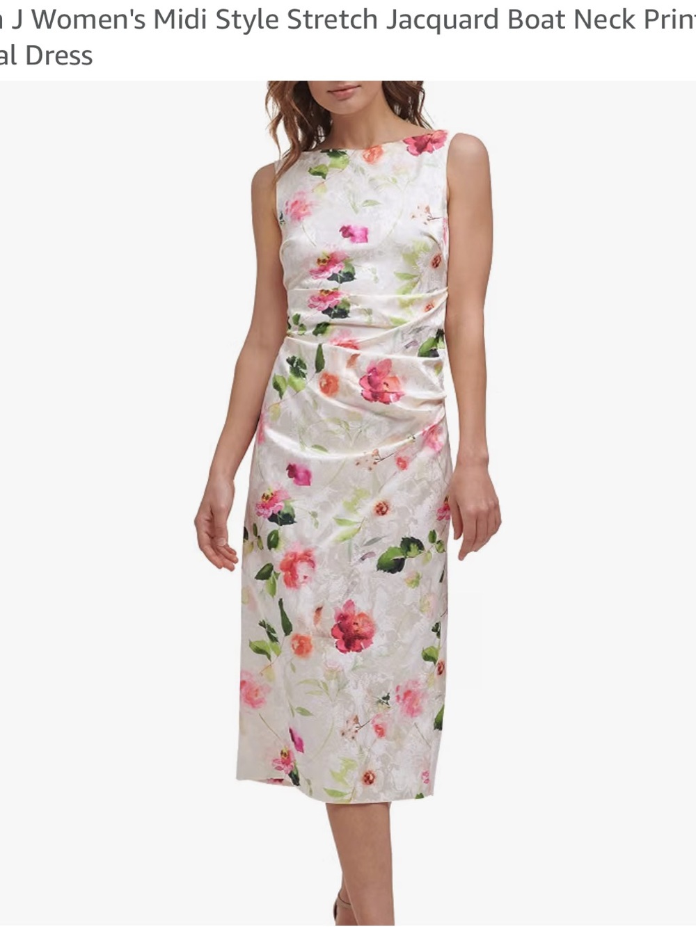 Eliza J White Floral Jacquard Boat Neck Midi Dress with Pink & Green Accents